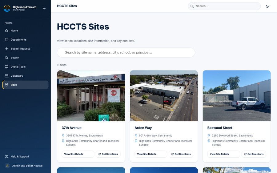 HCCTS Sites directory with published school locations