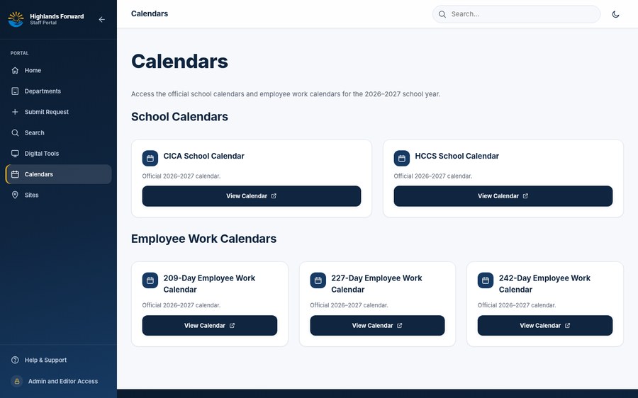 HCCTS Calendars page showing school and employee work calendars