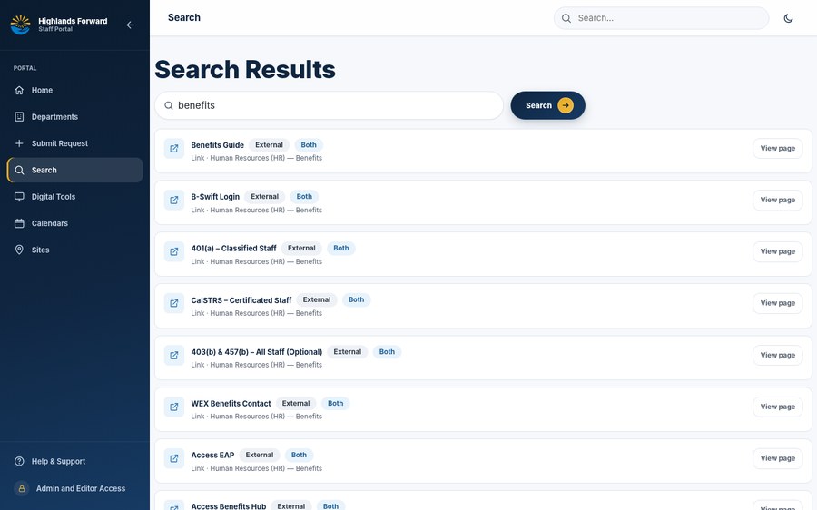 HCCTS portal Search Results page for benefits